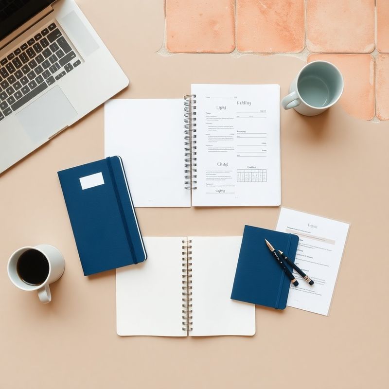 Flat lay editorial con cuaderno, portátil y documentos en tonos índigo